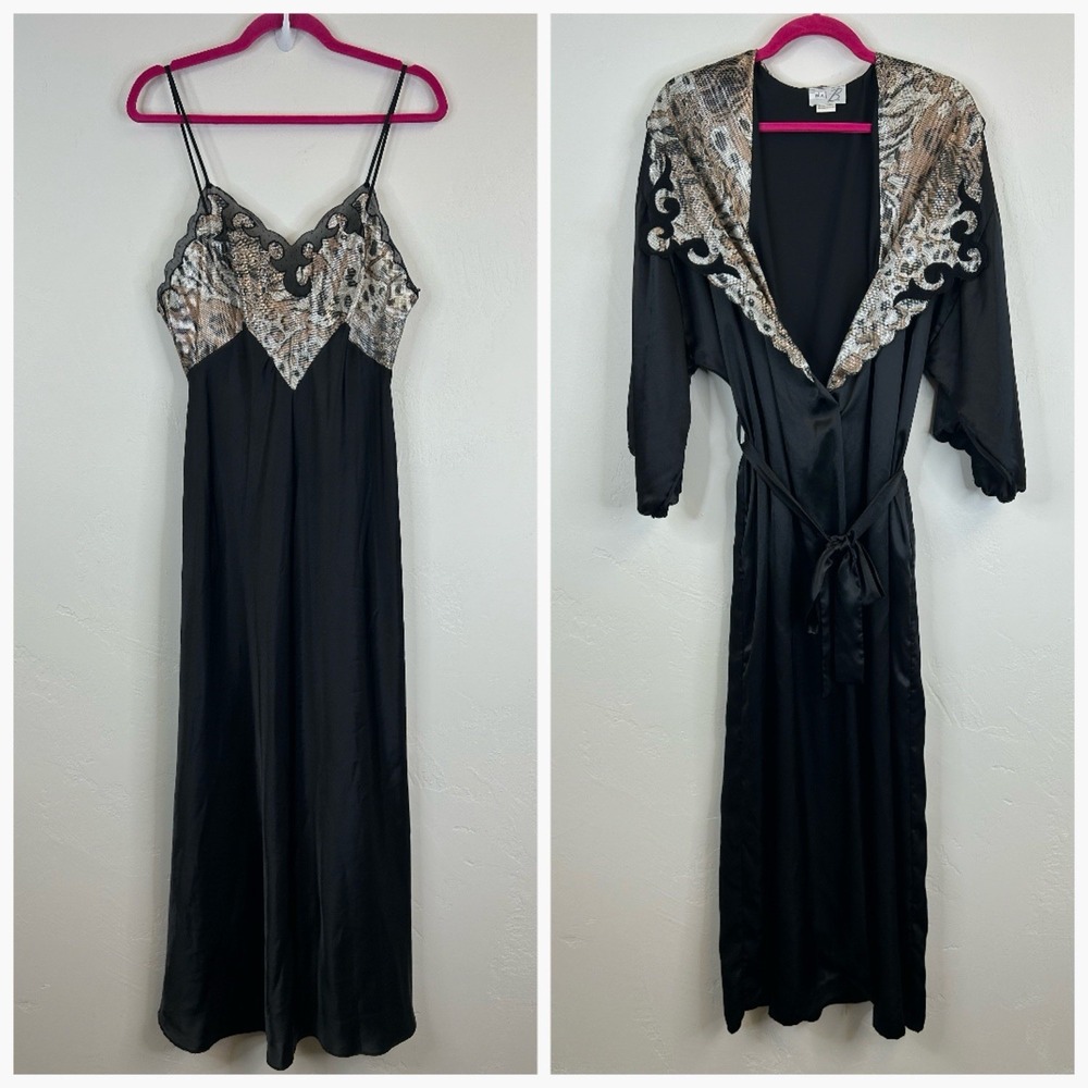 Vintage Black Satin 90s Slip Dress Robe Set Size M Goth Witchy Sexy Romantic